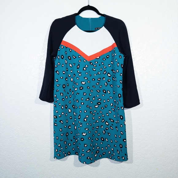 Zara Trafaluc Teal Blue Leopard Print‎ Colorblock Sweater Dress Size Large - Picture 1 of 7